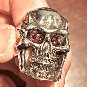 Silver Skull Ring with Red Eyes